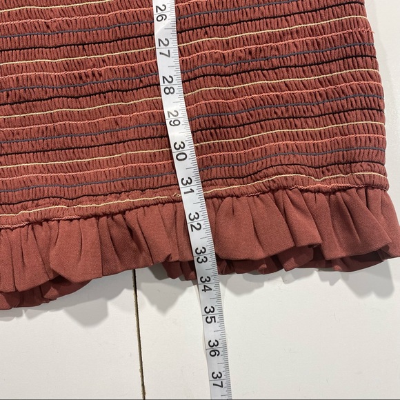 Storia Embroidered Striped Chai Smocked Ruffle Bottom Tie Sleeves Mini Dress S - Picture 16 of 16